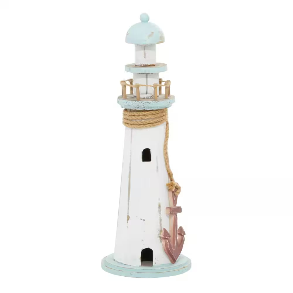6 In. X 15 In. White Wood Light House Sculpture