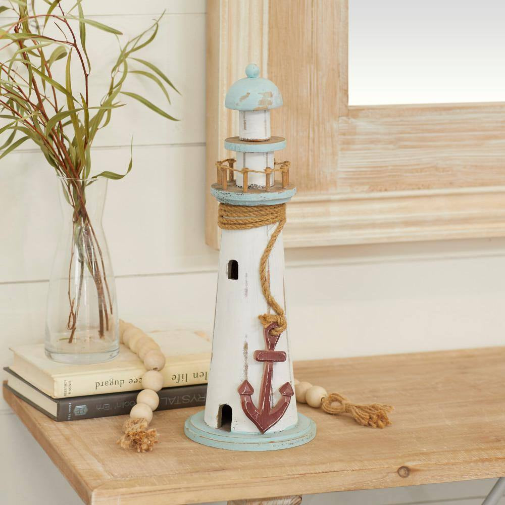6 In. X 15 In. White Wood Light House Sculpture