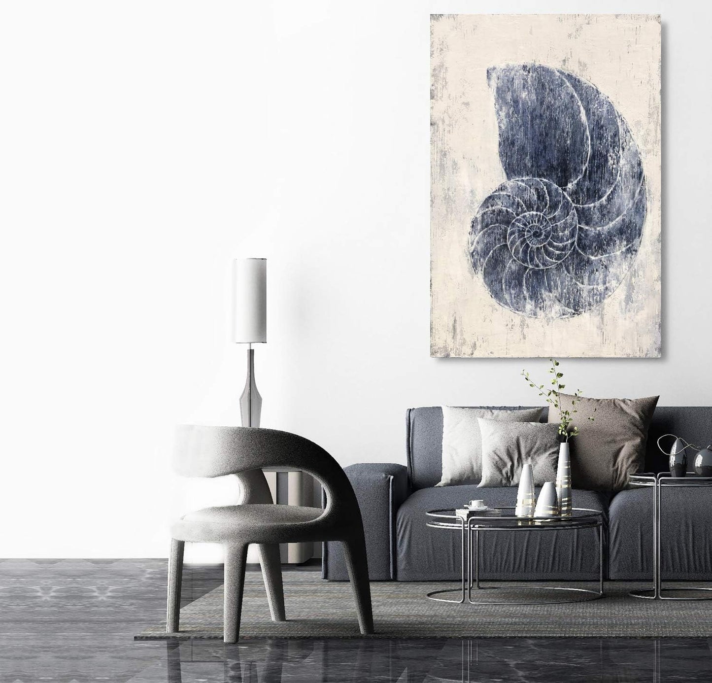 Coastal Wall Art for Living Room Hand Painted Blue and White Conch Oil Painting Pictures Home Decoration