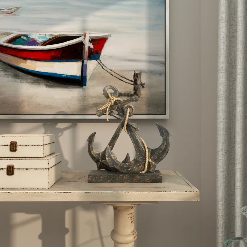 Metal Anchor Decorative Sculpture with Jute Rope Accents