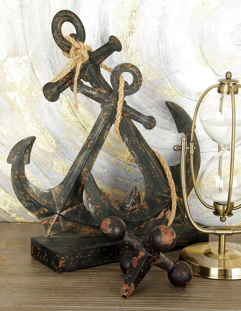 Metal Anchor Decorative Sculpture with Jute Rope Accents