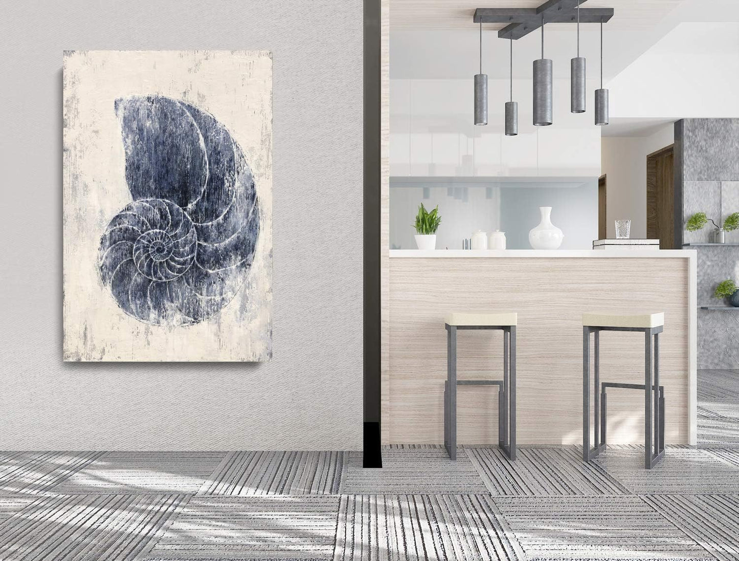 Coastal Wall Art for Living Room Hand Painted Blue and White Conch Oil Painting Pictures Home Decoration