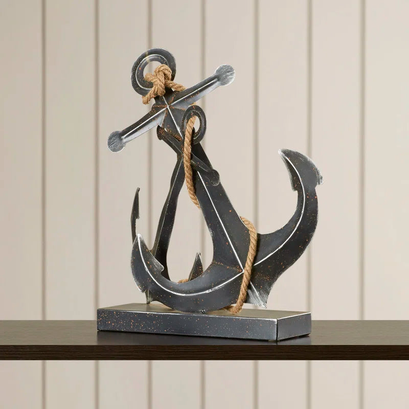 Metal Anchor Decorative Sculpture with Jute Rope Accents