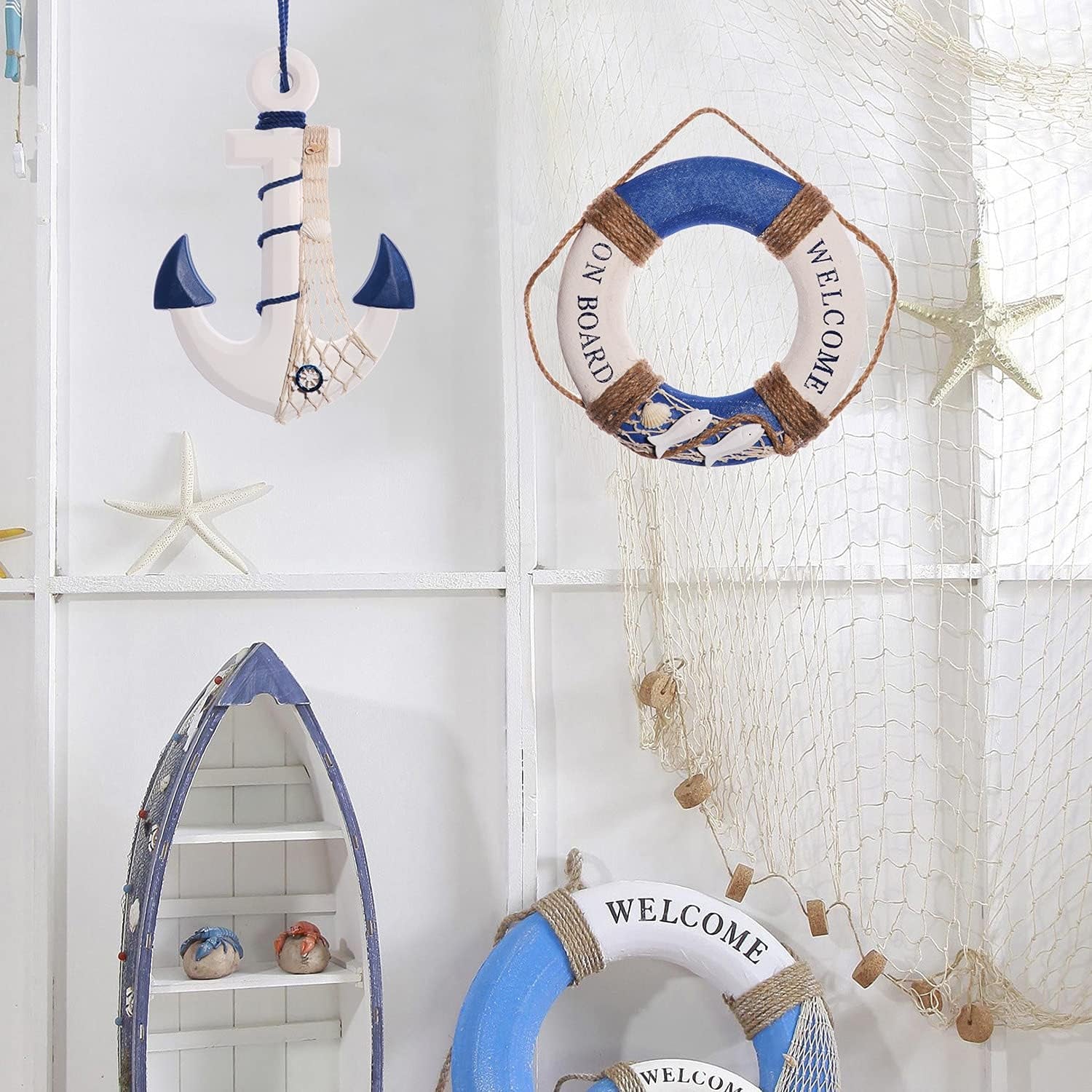 2 Pack 13" Nautical Beach Wooden Ship Wheel and 13" Wooden Anchor with Rope Nautical Boat Steering Wheel Rudder Anchor Wall Art Decor Door Hanging Ornament Beach Theme Home Decoration (Dark Blue)