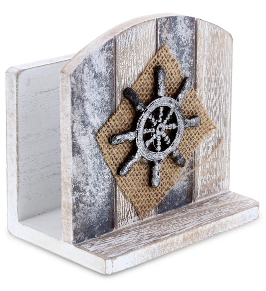 Silver Sea Nautical Wooden Napkin Holder - Table Top Centerpiece Coastal Decor for Kitchen, Home, Beach House, Rustic Decorative Napkin Holder with Boat Wheel - Handmade Color May Vary