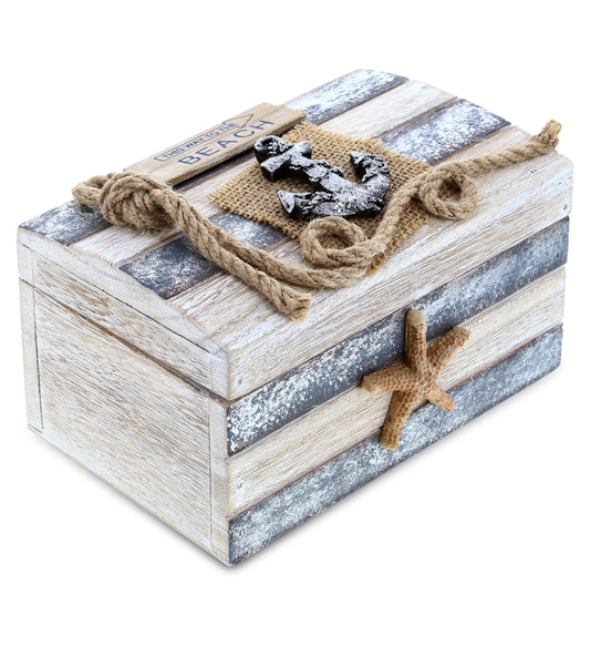 Silver Sea Wooden Jewelry Box - Handcrafted Nautical Trinket with Anchor and Starfish, Accent Tabletop Home Decor, Beach Sea Shell Jewelry Storage Organizer - Large, 7 Inch, Color May Vary