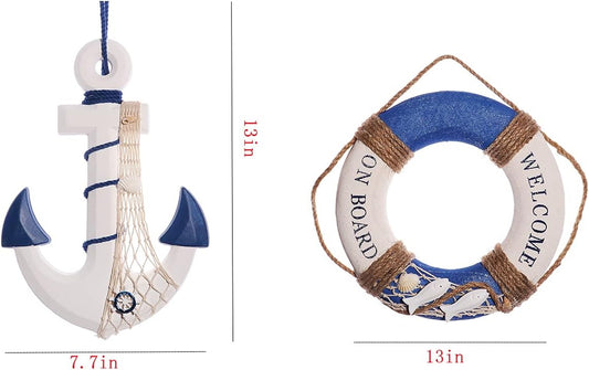 2 Pack 13" Nautical Beach Wooden Ship Wheel and 13" Wooden Anchor with Rope Nautical Boat Steering Wheel Rudder Anchor Wall Art Decor Door Hanging Ornament Beach Theme Home Decoration (Dark Blue)