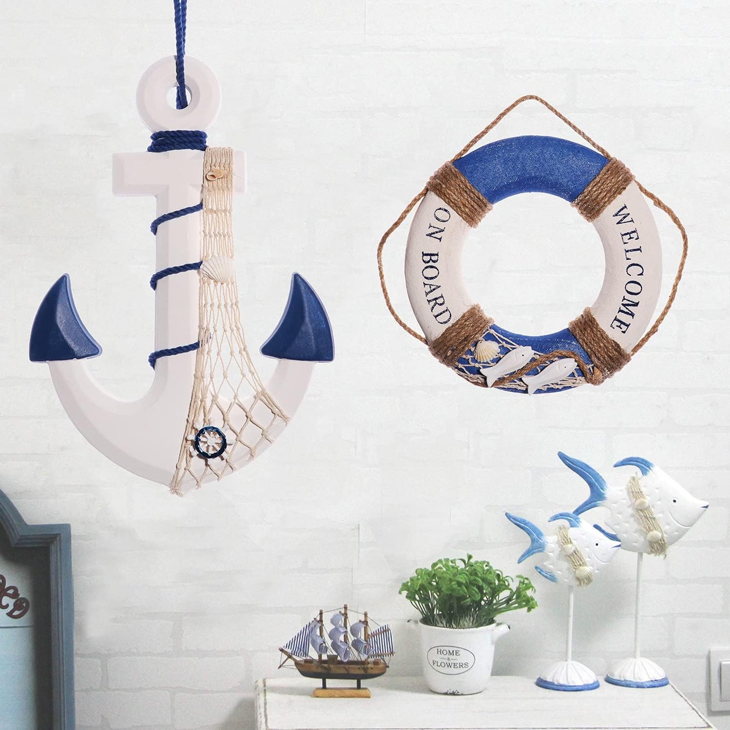 2 Pack 13" Nautical Beach Wooden Ship Wheel and 13" Wooden Anchor with Rope Nautical Boat Steering Wheel Rudder Anchor Wall Art Decor Door Hanging Ornament Beach Theme Home Decoration (Dark Blue)