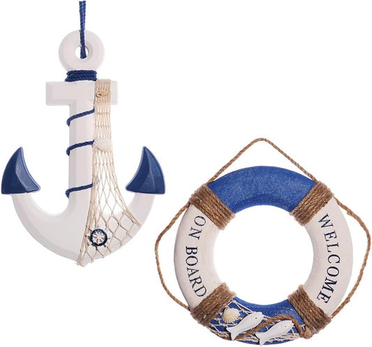 2 Pack 13" Nautical Beach Wooden Ship Wheel and 13" Wooden Anchor with Rope Nautical Boat Steering Wheel Rudder Anchor Wall Art Decor Door Hanging Ornament Beach Theme Home Decoration (Dark Blue)