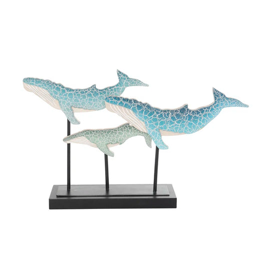 Burnabbie Wooden Textured Whale Decorative Blue Sculpture with Black Metal Stand