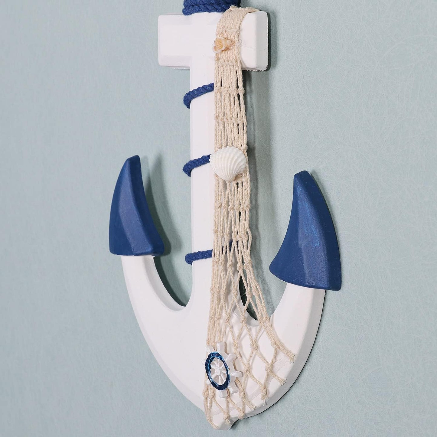 2 Pack 13" Nautical Beach Wooden Ship Wheel and 13" Wooden Anchor with Rope Nautical Boat Steering Wheel Rudder Anchor Wall Art Decor Door Hanging Ornament Beach Theme Home Decoration (Dark Blue)
