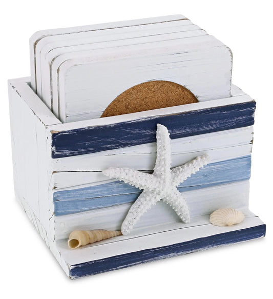 Cota Global Blue Stripes Nautical Wooden Coaster Set - Table Top Centerpiece Coastal Decor for Kitchen, Home, Beach House, Rustic Decorative 6 Coasters Set with Holder - Handmade Color May Vary